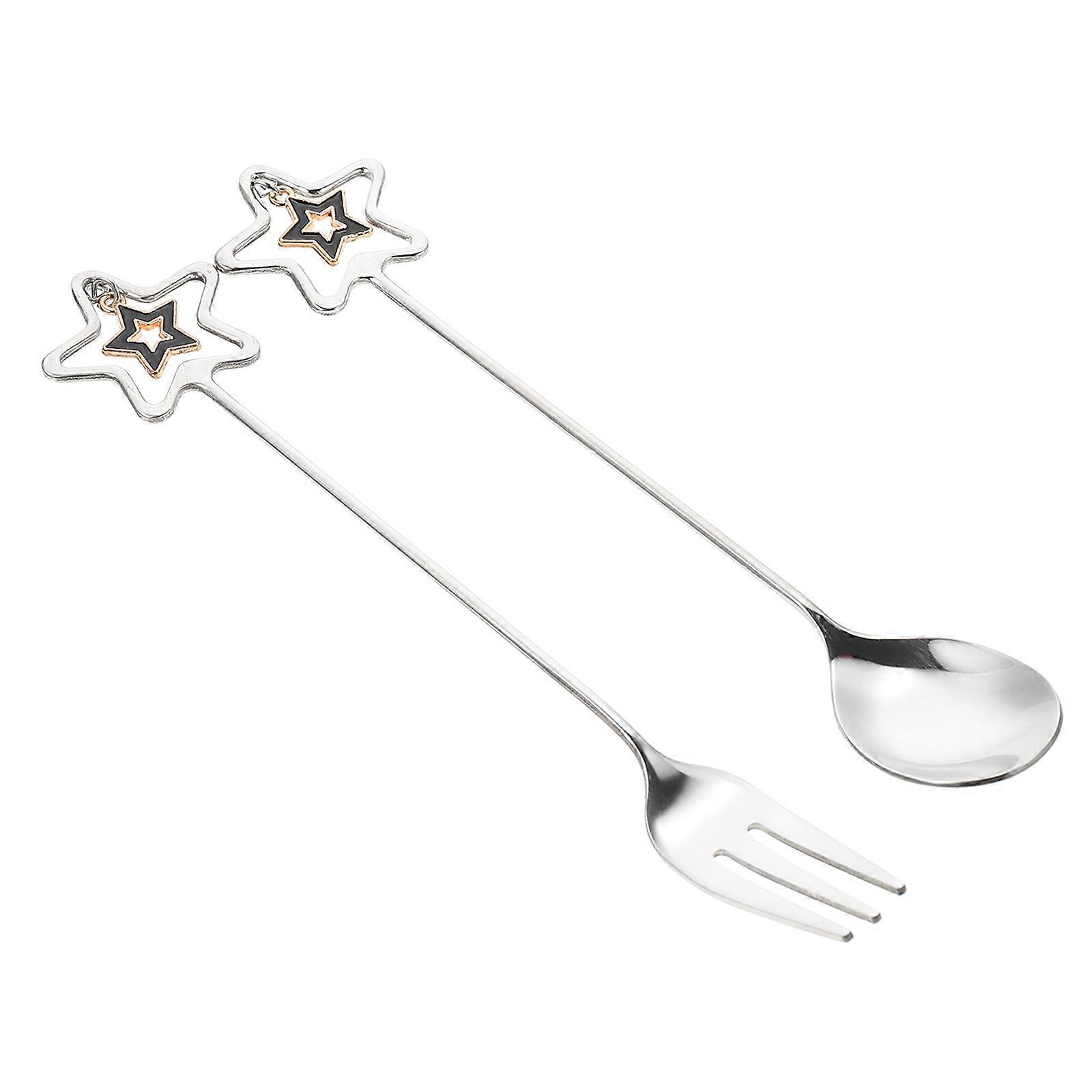 Silver Fork and Spoon Set for Dessert 2Sets Portable Fruits Tableware