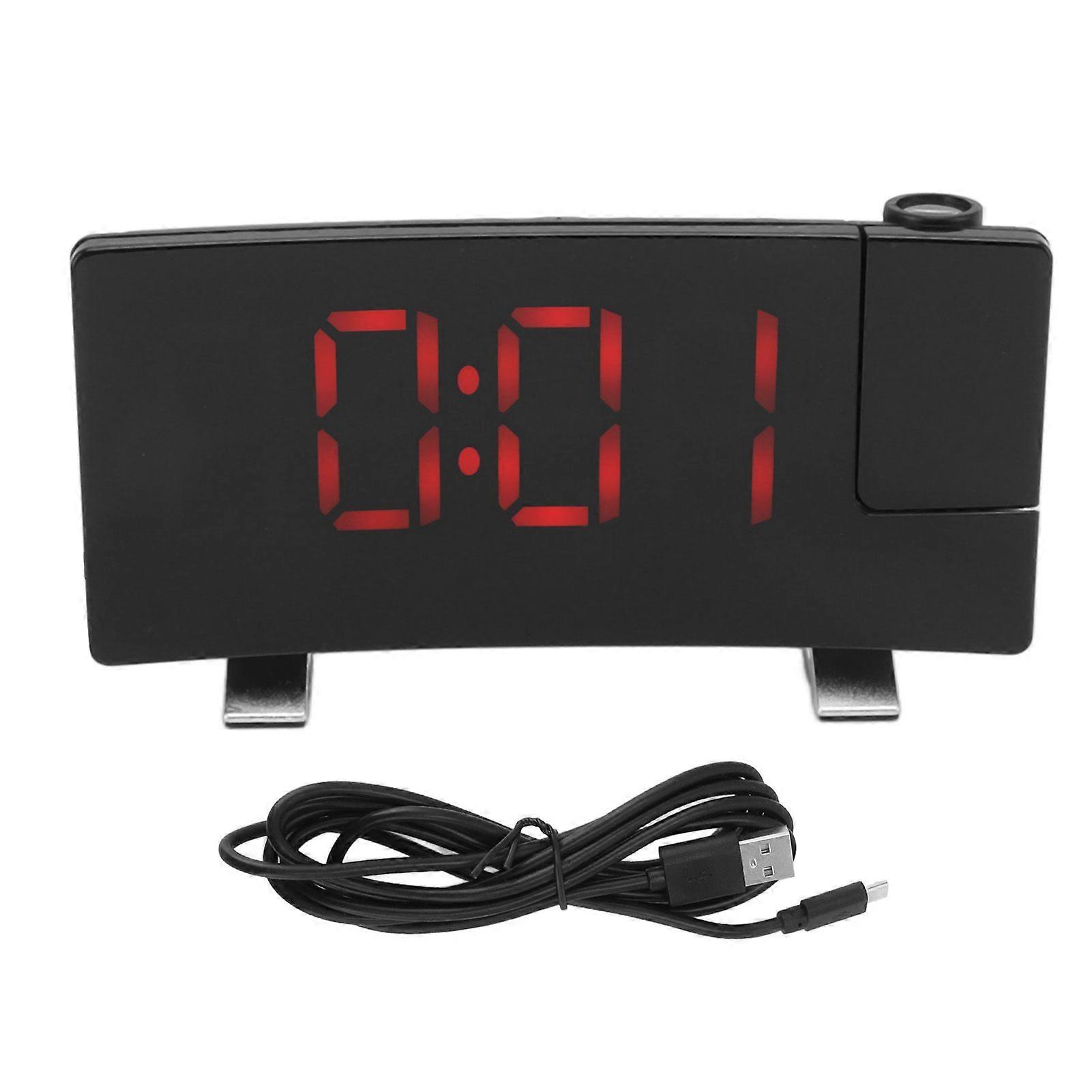 Radio Projection Alarm Clock LED Display Electronic Clock Curved Screen Digital Alarm Clock Black Body Red Letters