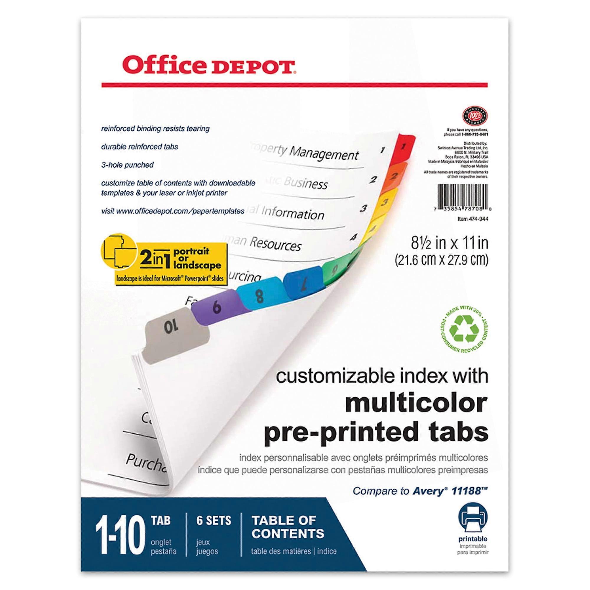 Office Depot Table Of Contents Customizable Index With Preprinted Tabs, Assorted Colors, Numbered 1-10, 6 Sets, 14710