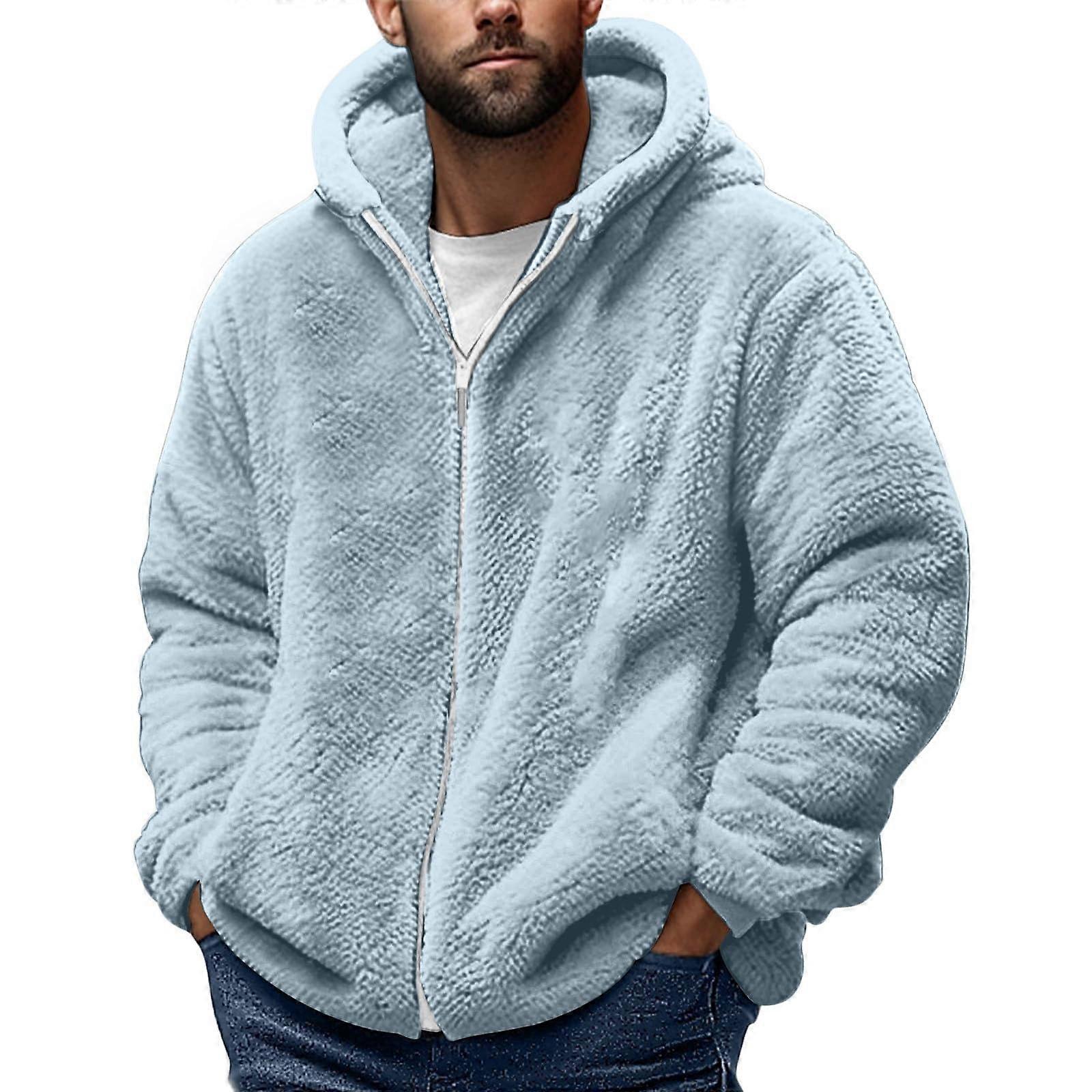 Felpa con cappuccio da uomo in pile Sherpa invernale, calda giacca con cappuccio e cerniera, felpa oversize con cappuccio e tasca, blu cielo XL