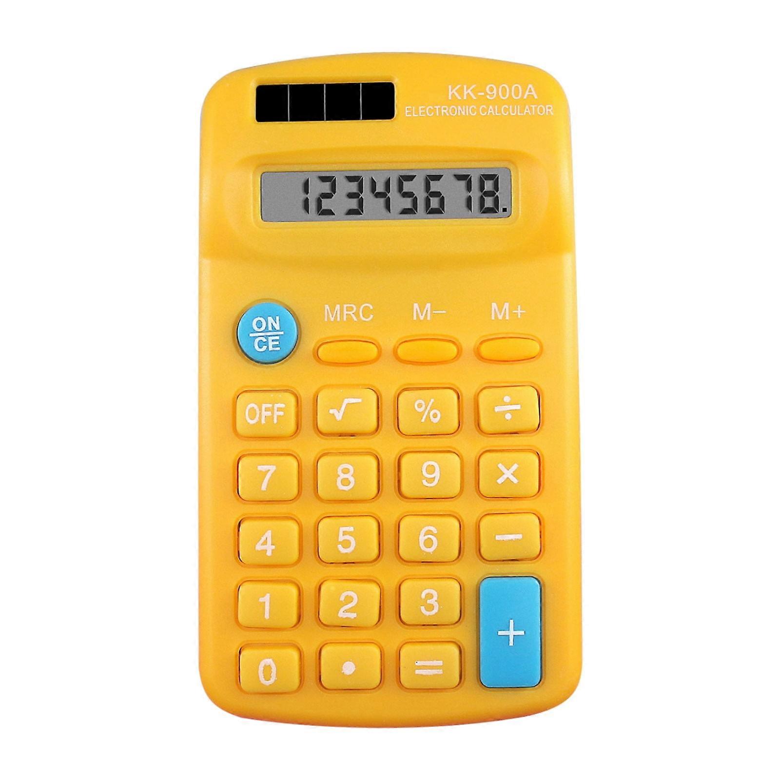 Mini 8-digit LCD calculator, solar & battery powered, pocket size, yellow. Compatible with school, home, office use.