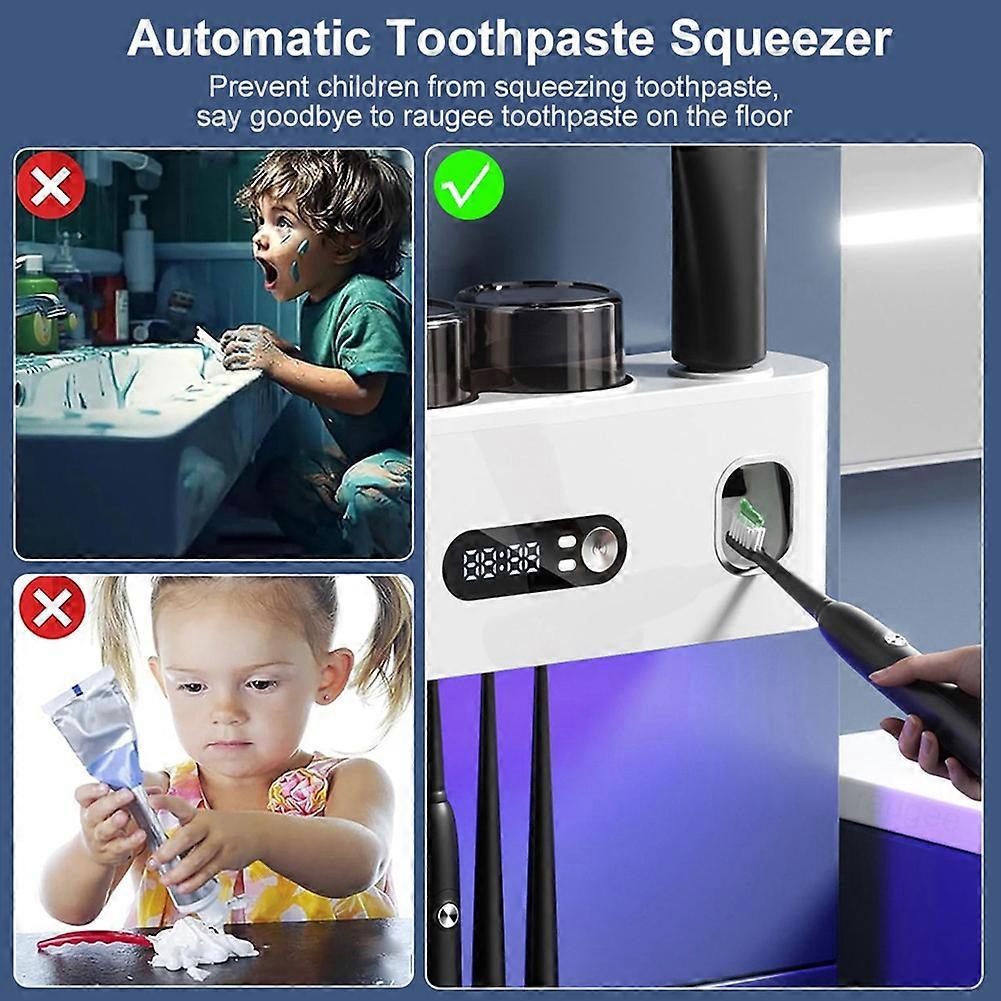 UV Toothbrush Sterilizer Automatic Toothpaste Dispenser Wall Mounted Toothbrush Storage Box Rack Clock Display
