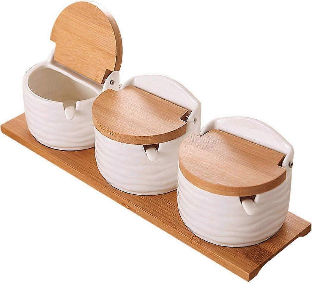Ceramic Spice Jars and Sugar Bowl with Bamboo Lids and Spoons, Elegant Countertop Storage Set
