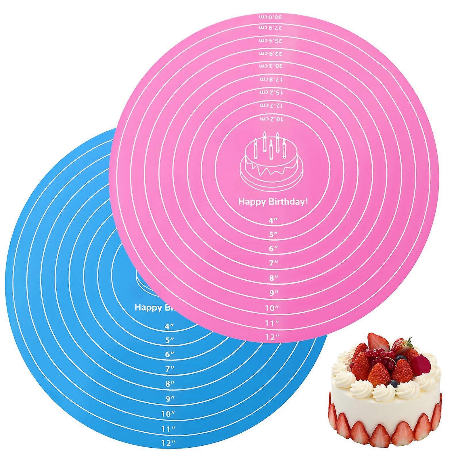 2 Pcs Round Silicone Baking Mat Set Non Stick Heat Resistant with Measurements for Cake Decorating Cookies Bread 30cm Pink Blue