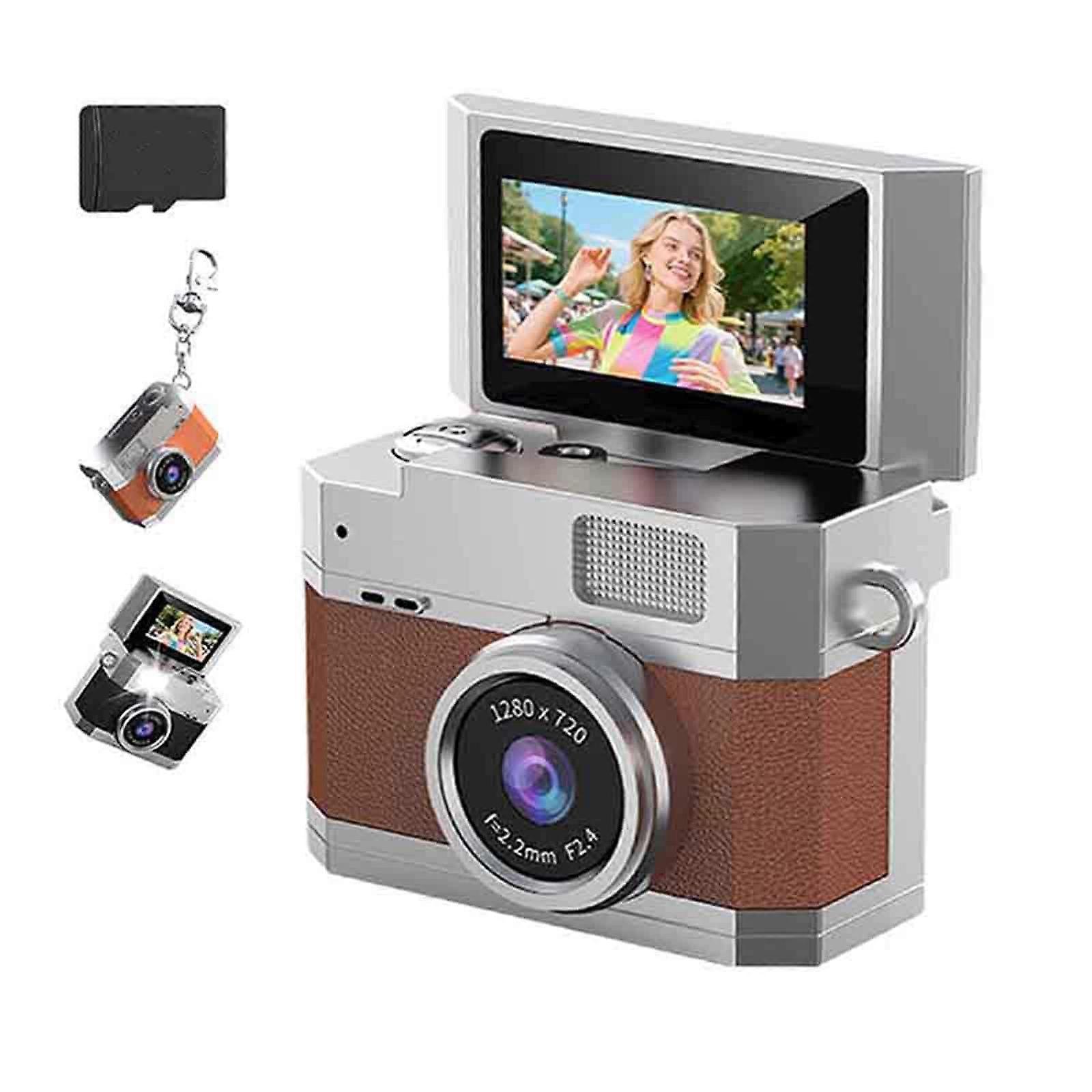 2026 Thumb Sized Flip Screen Mini Digital Camera with 180° Rotating Screen, Retro Style, 64GB Brown for Travel and Campus