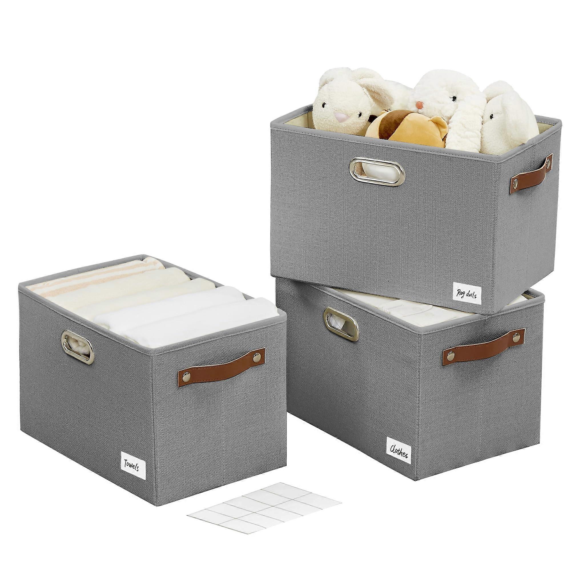 Large 3Pack Fabric Storage Bins with Triple Handles, Foldable Baskets for Closet Shelves, Grey