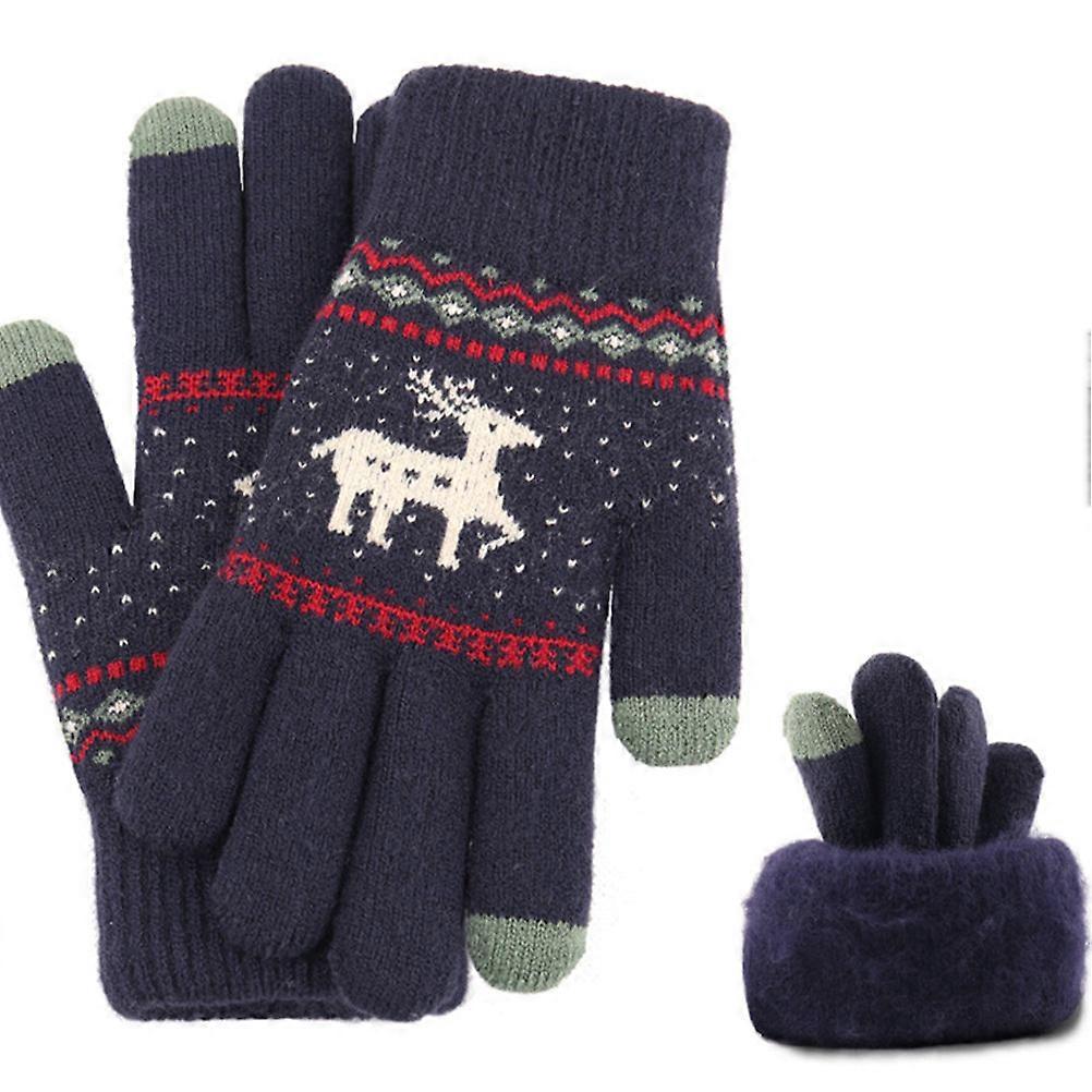 Touch Screen Gloves Elk Pattern for Winter Use 1Pair Navy Thick Woolen Yarn
