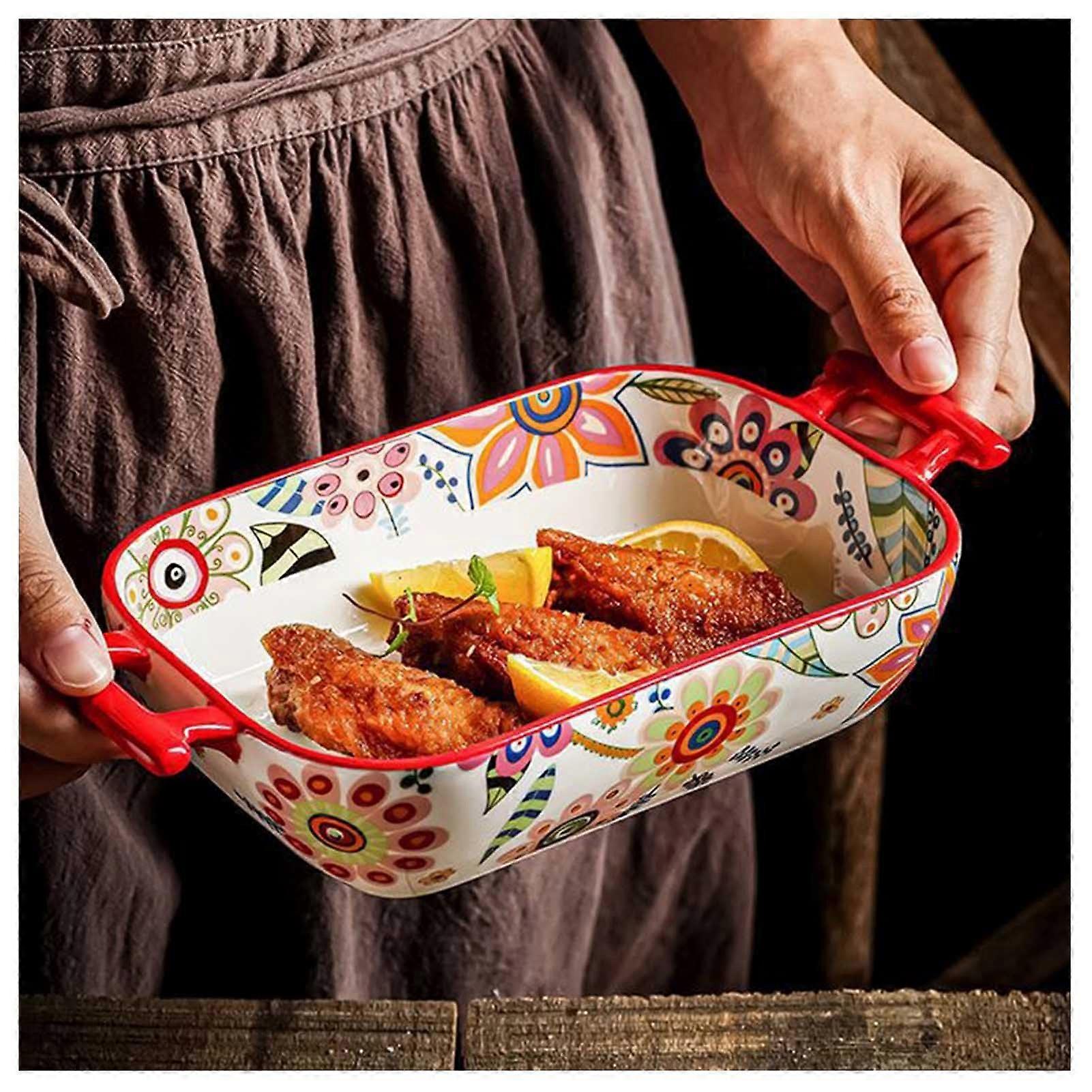 Ceramic Rectangular Baking Dish with Handles, Large Capacity Lasagna Pan, Oven Safe Bakeware 25.3x14x5.5cm