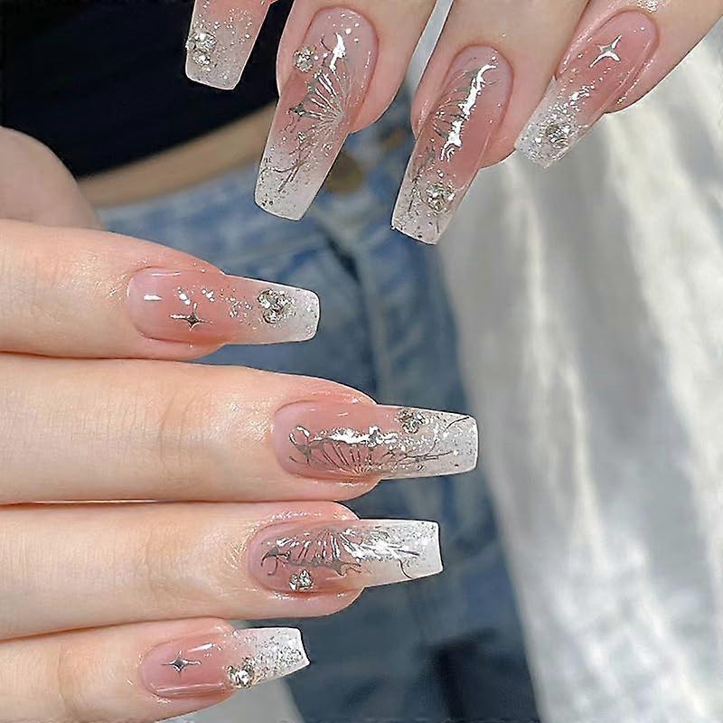 French White Gradient Coffin Press On Nails Silver Diamond Medium Acrylic Glue On False Nails 24PCS