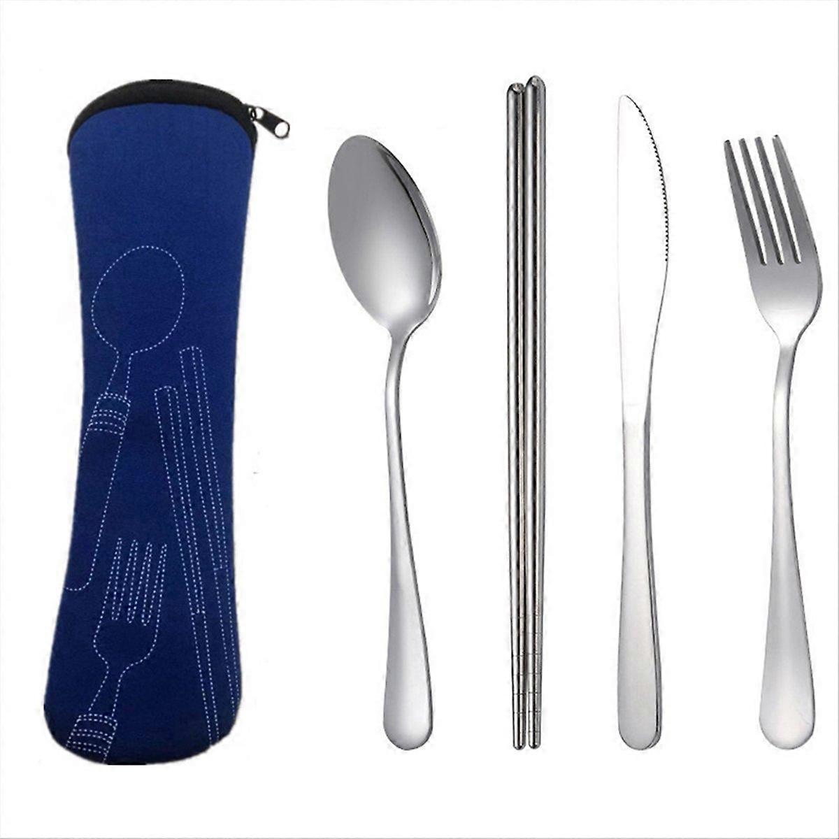 4Pcs Set Dinnerware Portable Spoon Fork Steak Knife Set Dark Blue