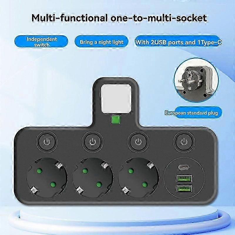 EU Plug Power Strip with 3 AC Outlets +2 USB Ports+1 Type C,with Light Plug Socket Adapter Wall Cha