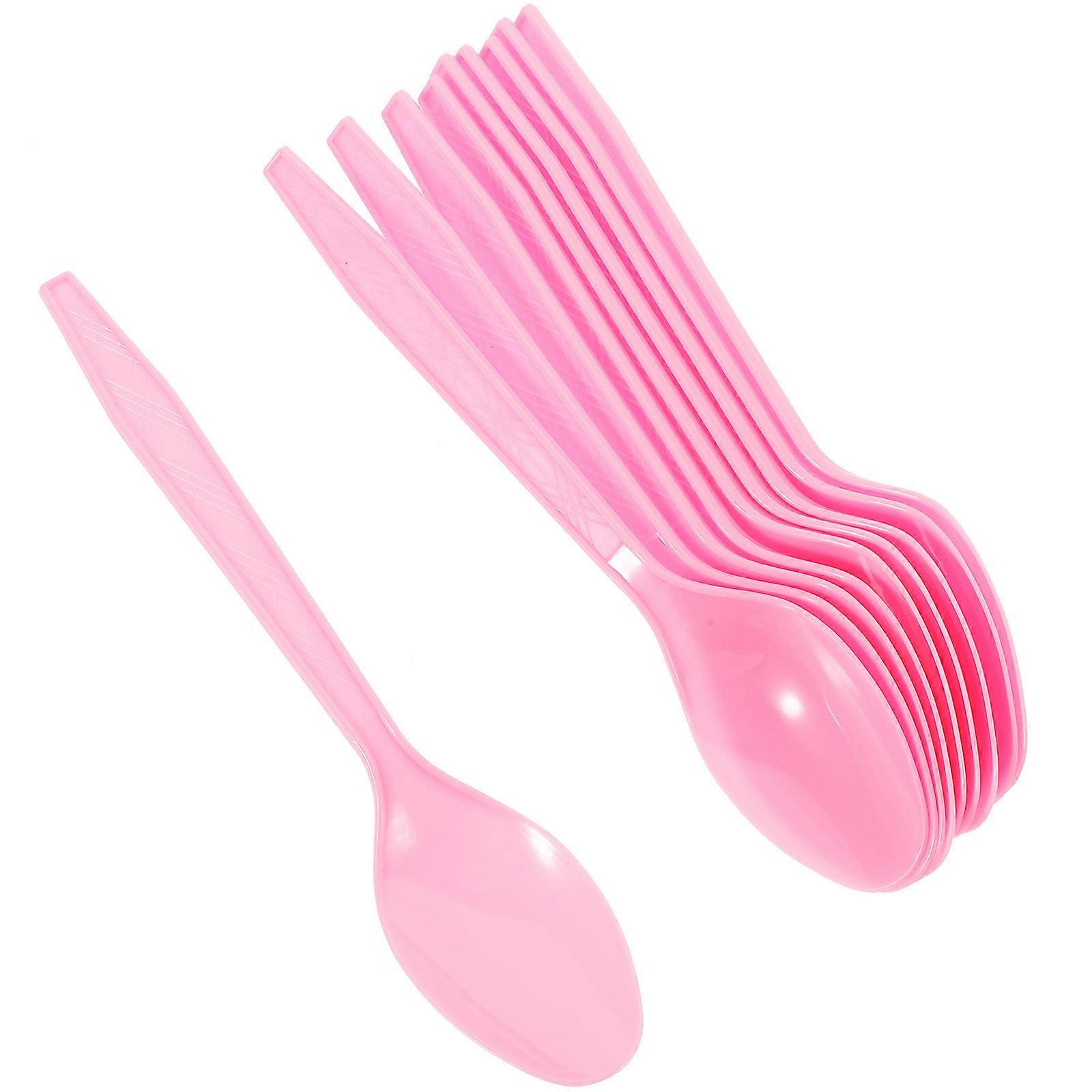 Pink Plastic Dessert Spoons for Party Use 100Pcs Portable Tableware Set