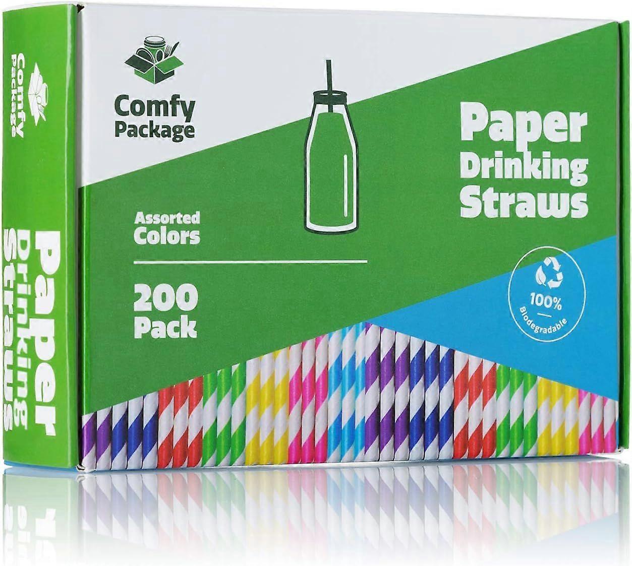 Biodegradable Striped Paper Drinking Straws, Assorted Colors, 200 Pack