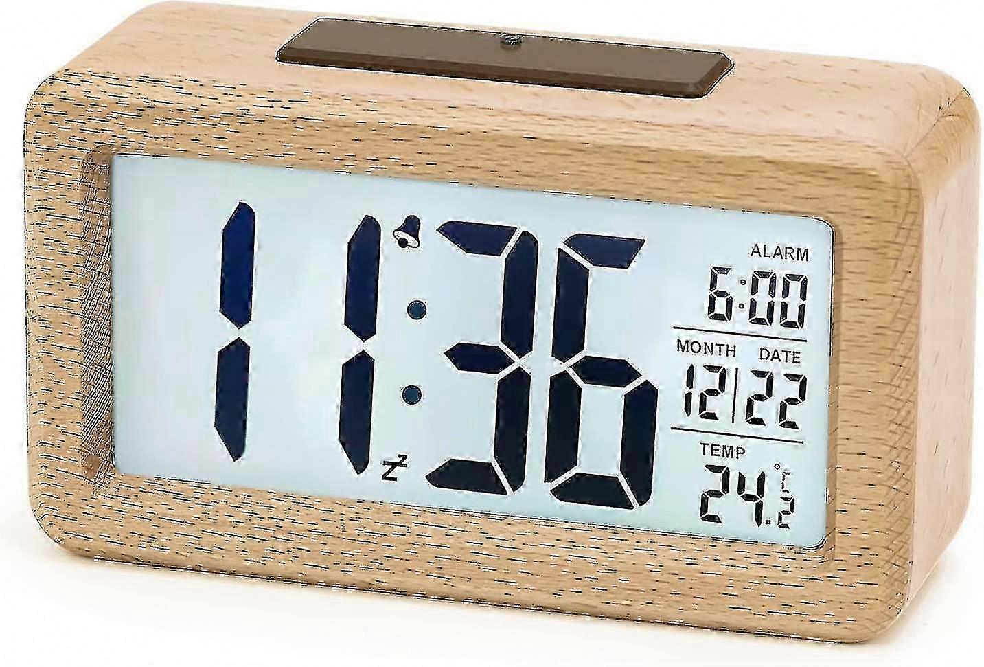 Bedside Wooden Digital Alarm Clock with Large LCD Backlit Display, Temperature, Snooze Function, Brightness Sensor, 3 AAA Battery Operated