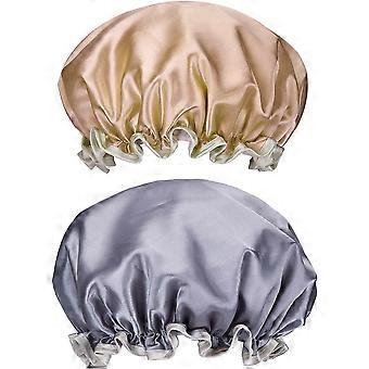 2 Pack Women Bathing Cap Reusable Double Layer Water Hat Shower Waterproof Elastic Caps for Ladies Spa Salon(gold+grey)