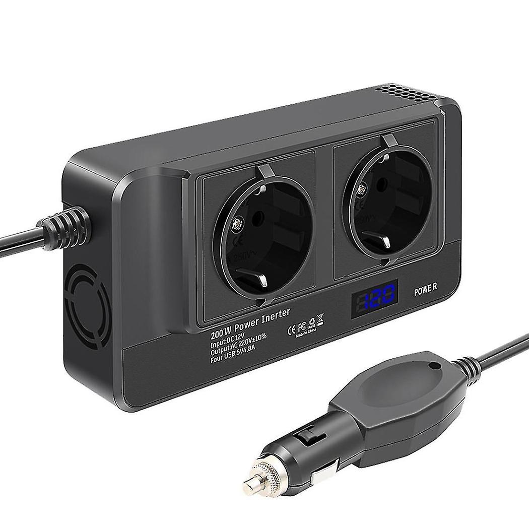200w Car Inverter, Voltage Converter 12v To 220v With Smart Time Display Lcd, 2 Sockets And 4 Usb C