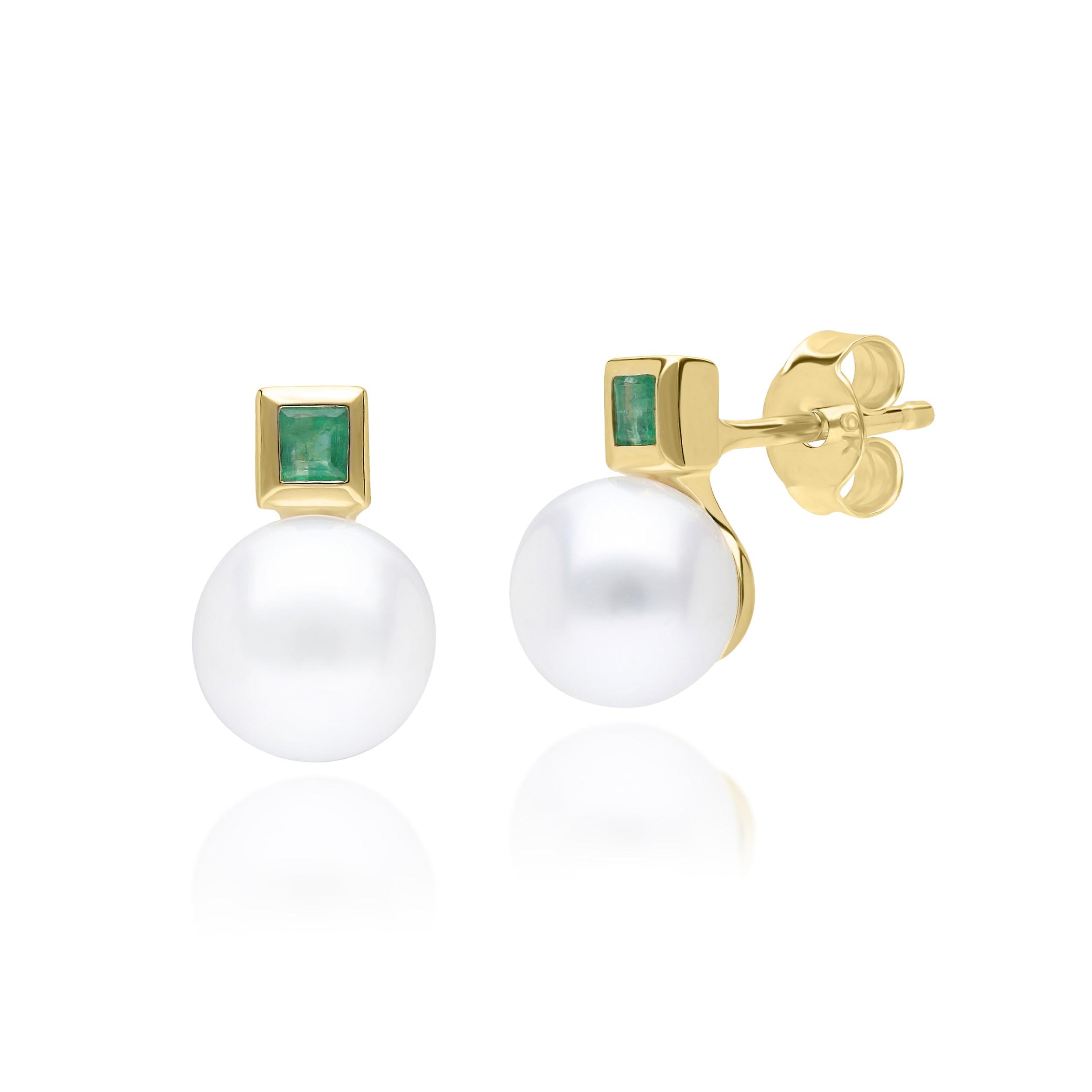 Modern Pearl & Square Emerald Stud Earrings in 9ct Yellow Gold
