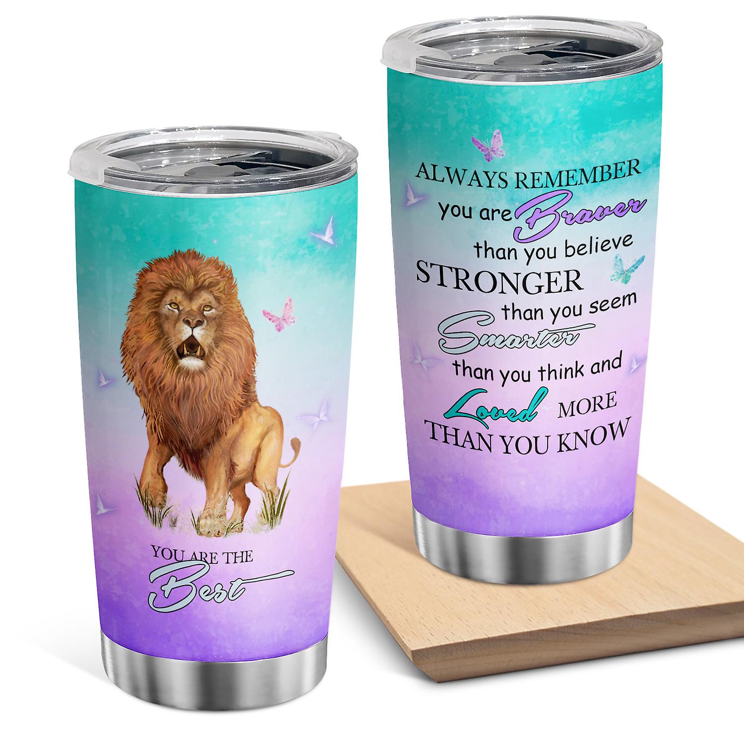 Oasisdream 20oz Lion and Butterfly Print Tumbler Stainless Steel Insulated Cup with Lid