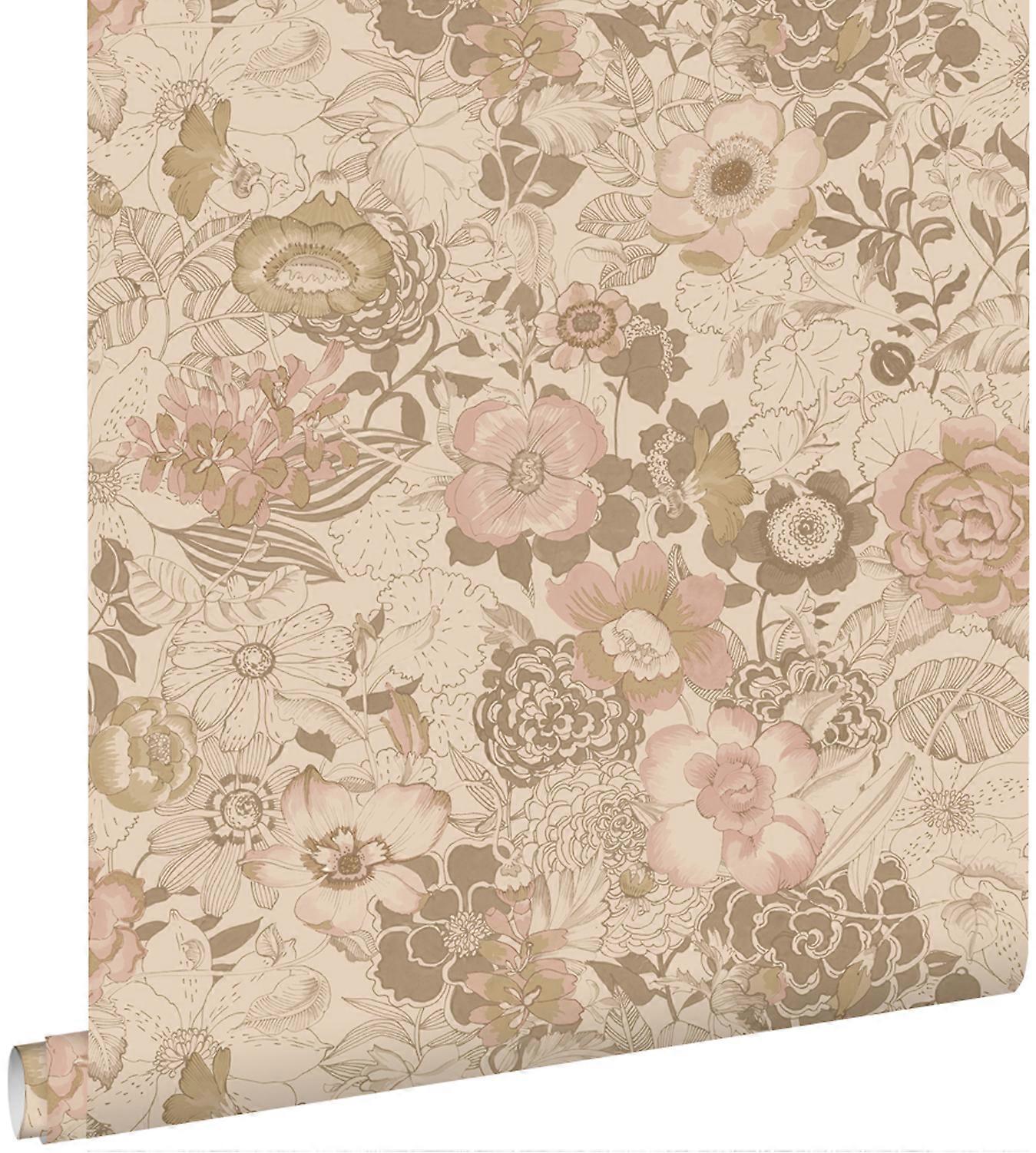 Carta da parati ESTAhome fiori vintage marrone chiaro e rosa antico - 50 x 900 cm - 139764