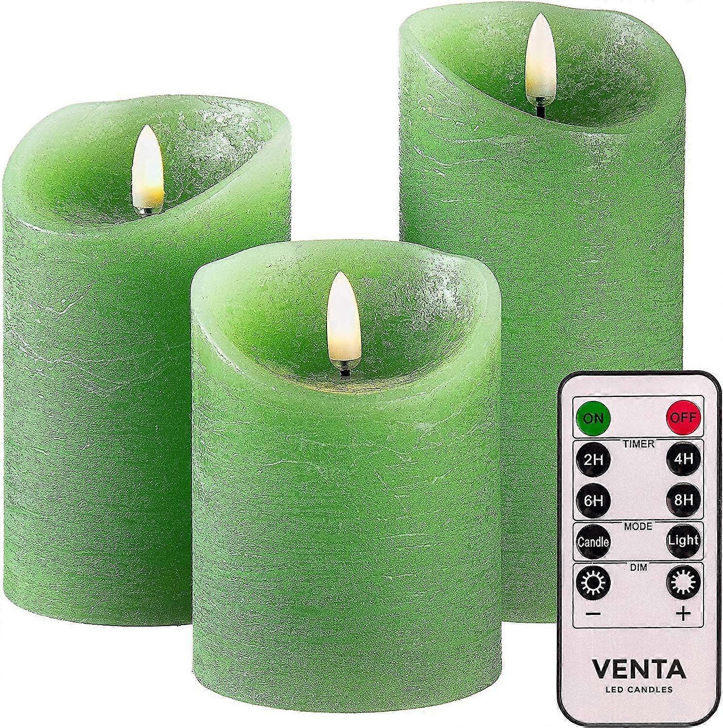 Set of 3 Realistic Flameless Green LED Candles with Remote Control - 4' 5' 6' Electric Wickless Pillar Battery Operated Candles with Flickering Fla