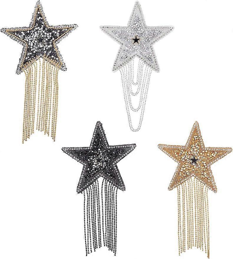 4 Colors Rhinestone Star Patche Iron on Patches with Chains Tassel Sparkling Clothes Repair Patches Fashion Appliques Badge