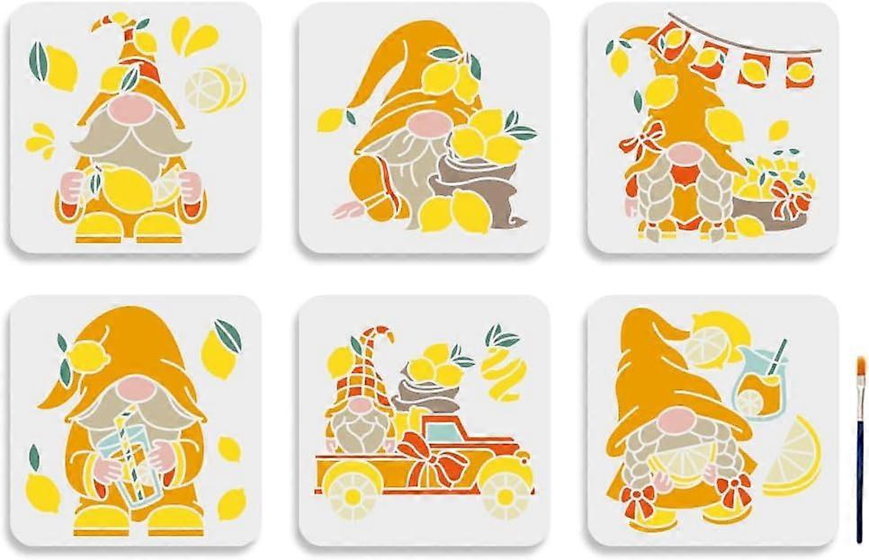 6pcs Lemon Gnome Stencils 88inch Gnome Themed Stencils with Paint Brush Reusable Summer Lemon Juice Truck Drawing Template for Canvas Wall Wood DIY Cr