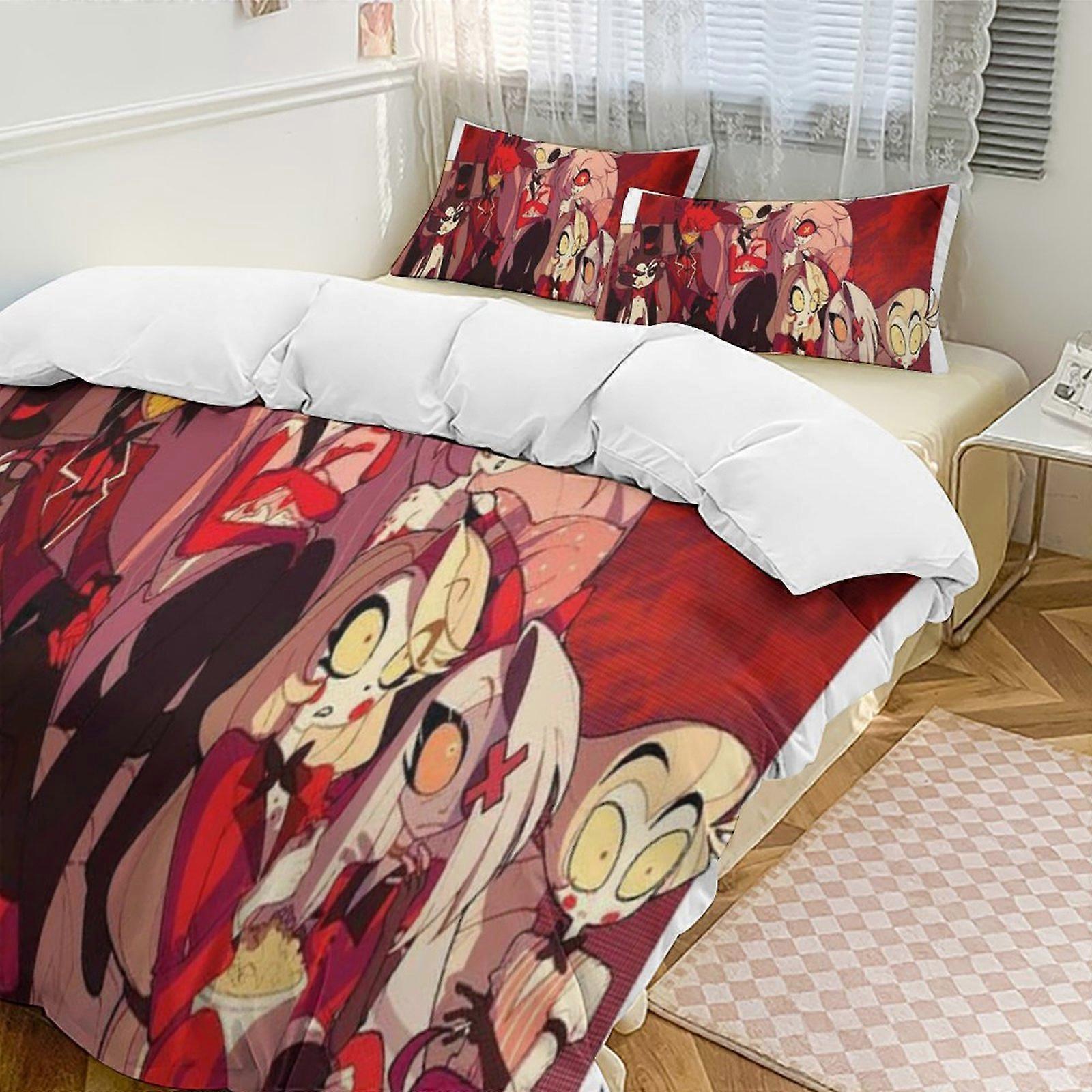 v137 Hazbin Hotel 2 Cama Capa de Edredom Conjuntos de Cama de Microfibra Conjuntos de Edredom Leve de 3 Peças, 1 Capa de Edredom e 2 Fronhas para Crianças aa137