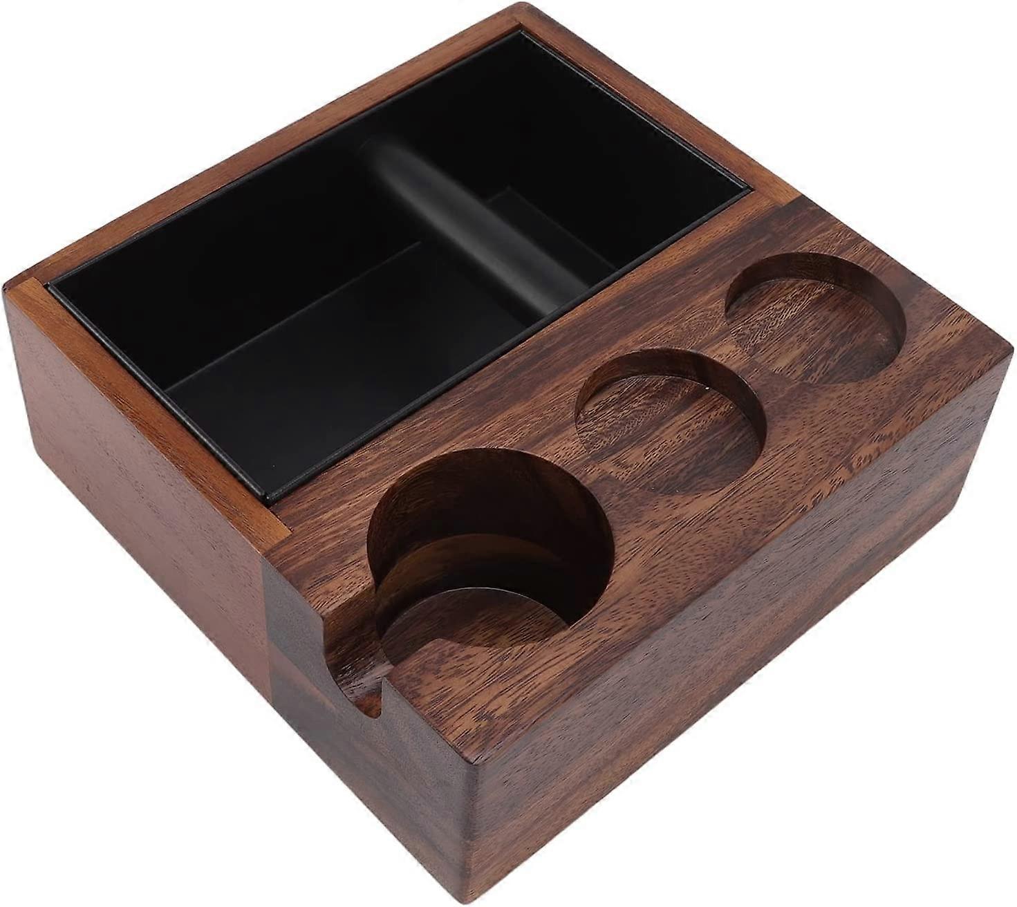 Coffee Tamping Stand, 4 In 1 Walnut Cafe Tamper Holder Coffee Knock Boxes with Slag Box, Coffee Distributor Station for Coffee Shops, Kitchens,Office