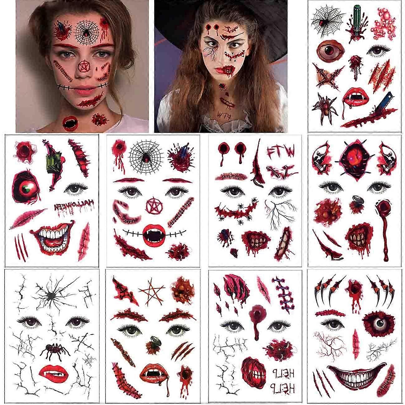 halloween ansikt tatoveringer sminkesett (9 pakke), 3d dag av de døde  blødende sår falsk arr blodpakke vampyrbitt kule joker tatovering for fest  cosplay | Fruugo NO, image size:1300x1300