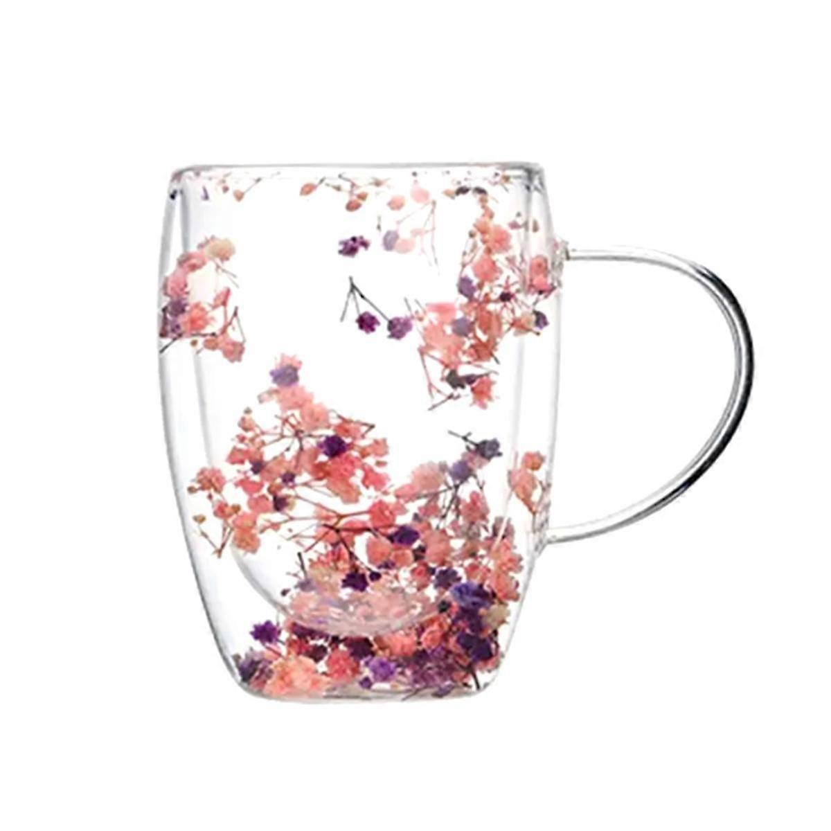 Creatives Real Flower Double Verre Niveau d’Apparence Élevé Pleine Étoile Fleur Séchée Lait Verre À Café 350ml Tasse De Ménage B