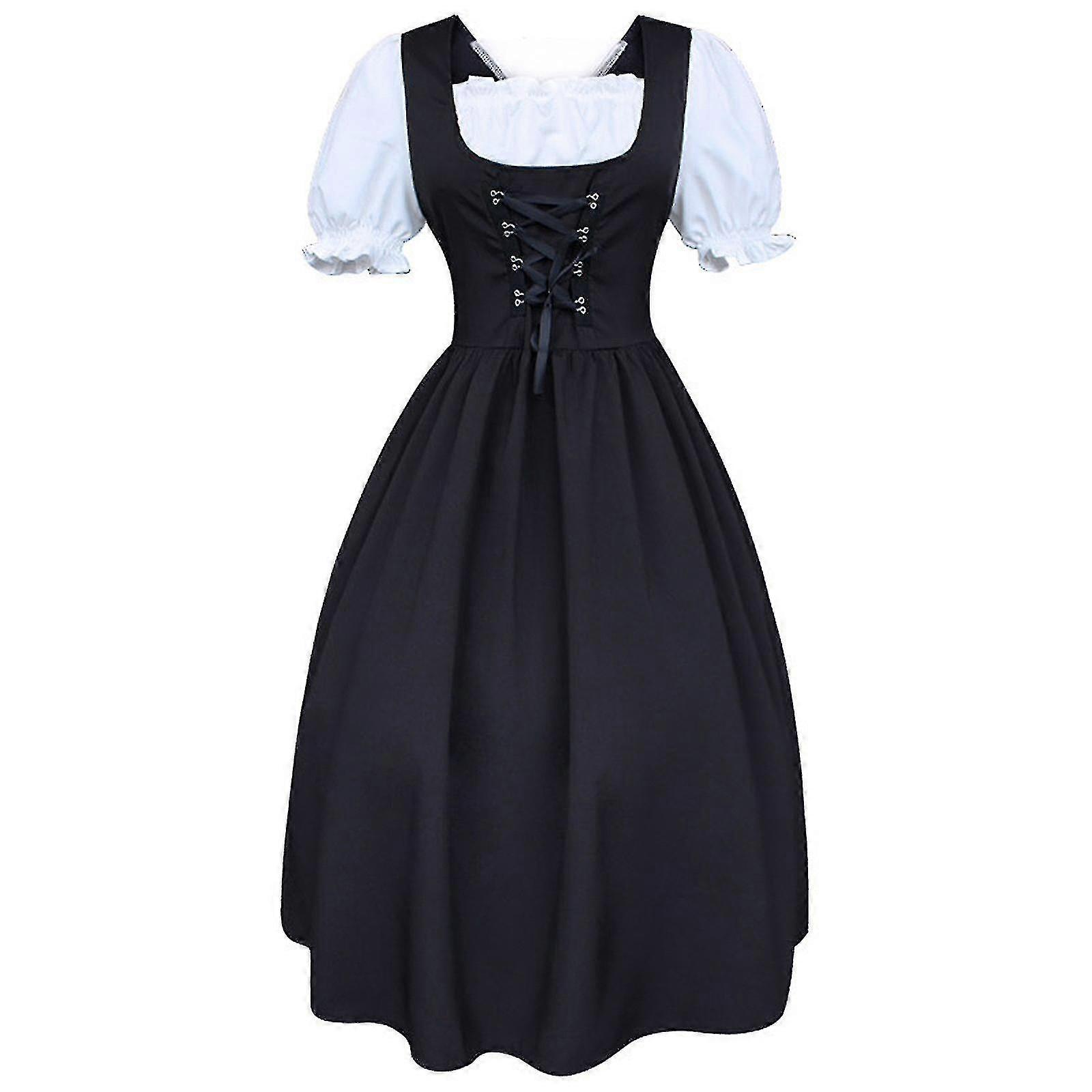 S-5XL Abito Midi Dirndl Donna 2 pezzi Con Grembiule E Blusa Nero Bianco