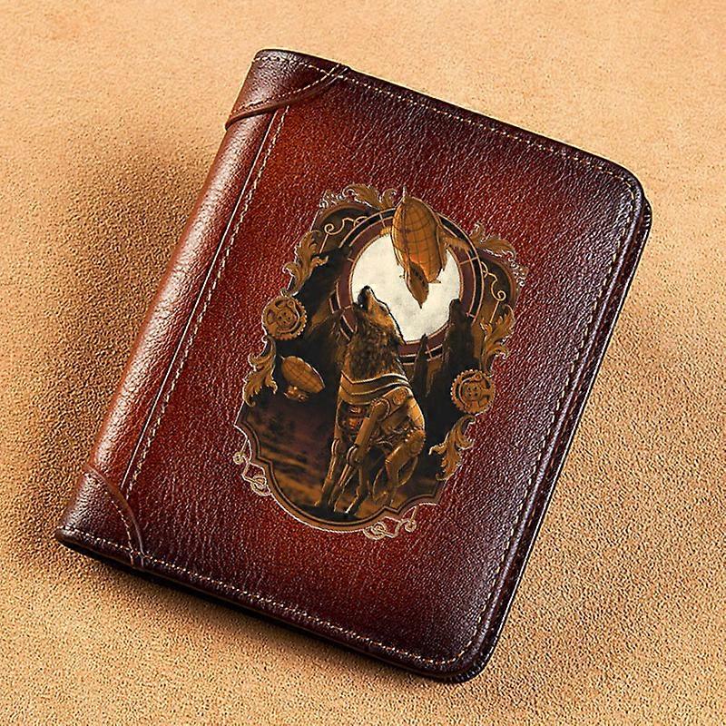 High Quality Genuine Leather Men Wallets Classic Steampunk Wolf Design Short