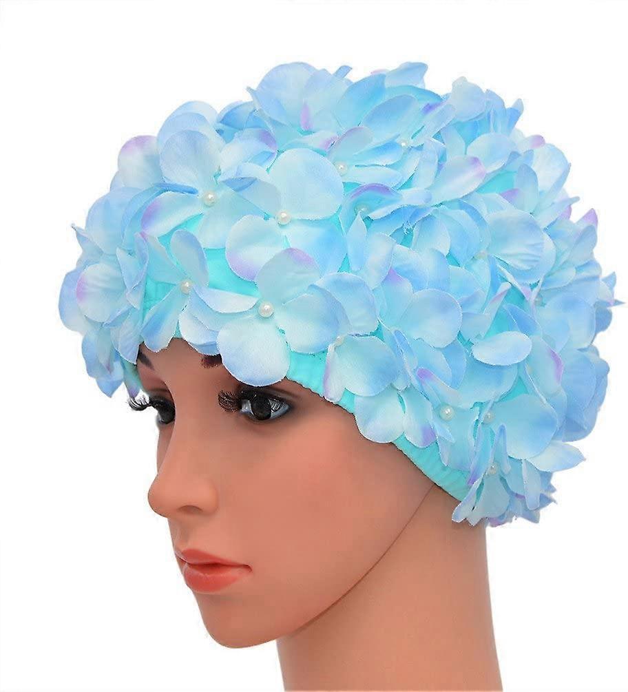 Dww-Blue-Women's Retro Swim Cap with Floral Pattern