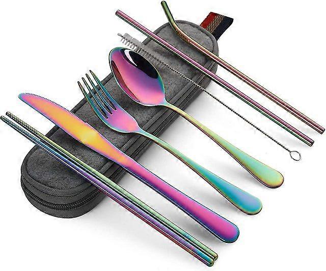 Portable Utensils, Travel Camping Cutlery Set, 8-Piece including Knife Fork Spoon Chopsticks Cleaning Brush Straws Portable Case