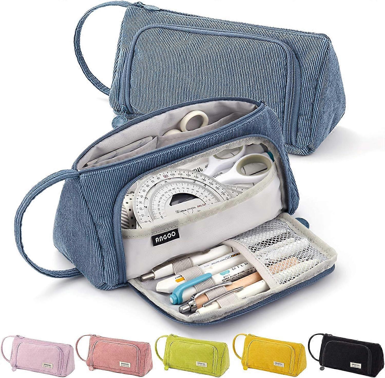 Blue 3 Compartment Pencil Case, Large Capacity Pencil Case, Large Pencil Case, Large Pencil Case