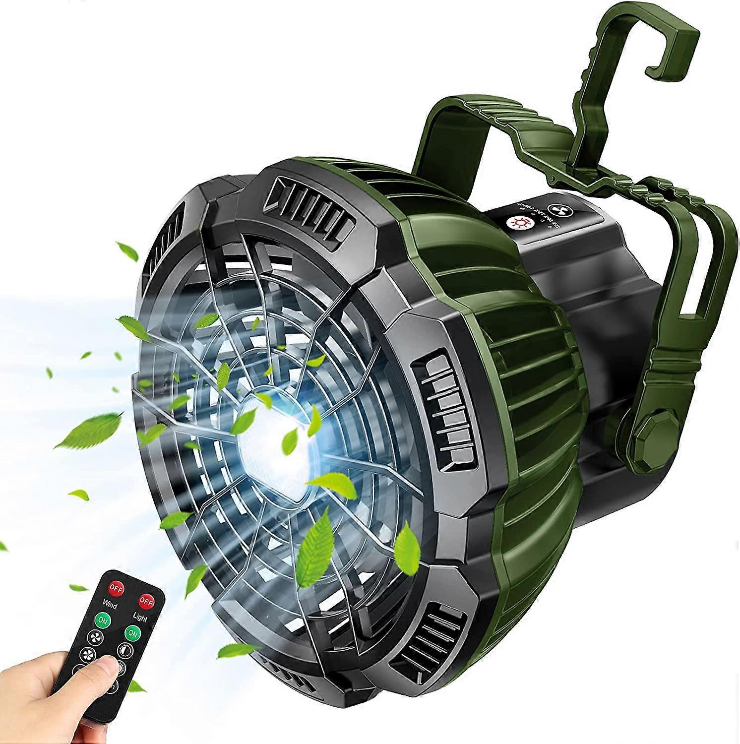 Ventilatore da campeggio per tenda, ventilatore da soffitto, luce da campeggio, telecomando, ricarica USB, luce portatile (verde)