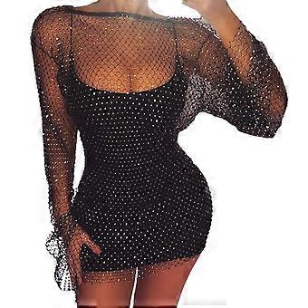 Women Sexy See Through Mesh Flare Long Sleeve Mini Dress Glitter for  Rhinestone Fishnet Bodycon Beach Bikini Swimsuit Cover Up Rave Festival  Clubwear | Fruugo QA