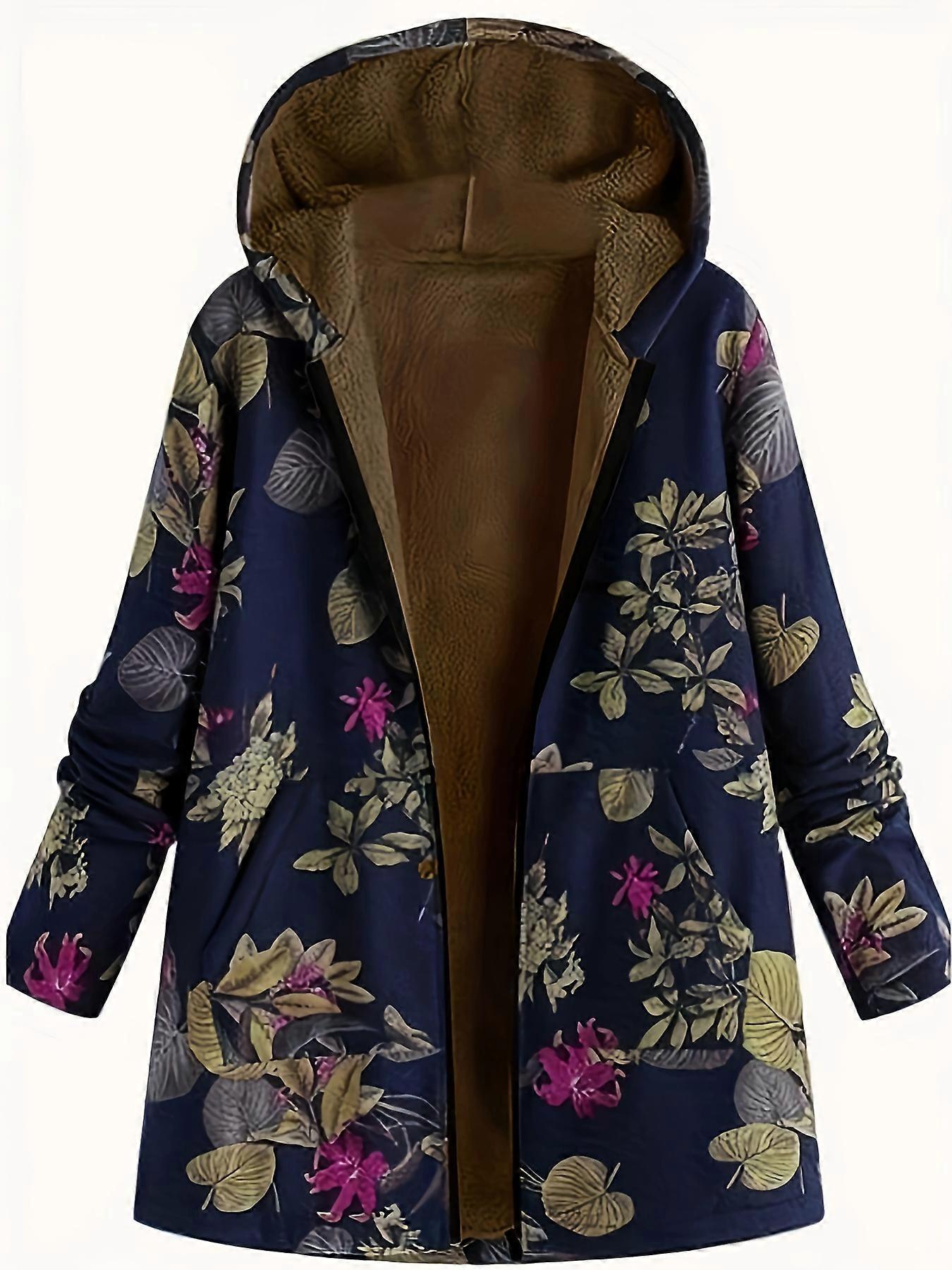 New style Plus Size Boho Coat, Women's Plus Patchwork Print Liner Fleece Zip Up Long Sleeve Hooded Tunic Coat With Pockets