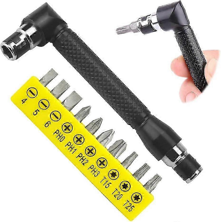 Screwdriver Handle L-Shape 1/4" Hex Socket Wrench Hex Socket Driver Double Head Screwdriver with 10 Screwdriver Bits
