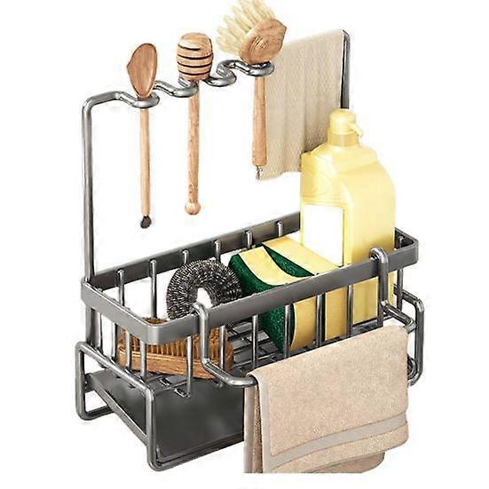 Kitchen Sink Caddy Sponge Holder with Drain Tray Rustproof Corrosion Resistant Easy to Install Towel Holder Brush Drainer Rack Kitchen Organizer