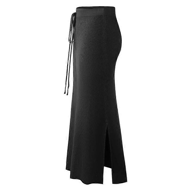 Women's Solid Color Side Split Tight Skirt Long Boho Skirts Casual High Elastic Waist Drawstring Below Knee Skirt Commuter Fashion Maxi Skirt