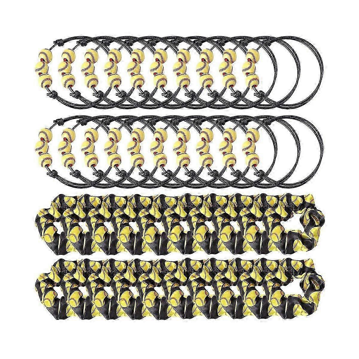 40 Pcs Softball Charm Bracelets Hairbands Set - Adjustable Softball Beads Wristband Softball Scrunc
