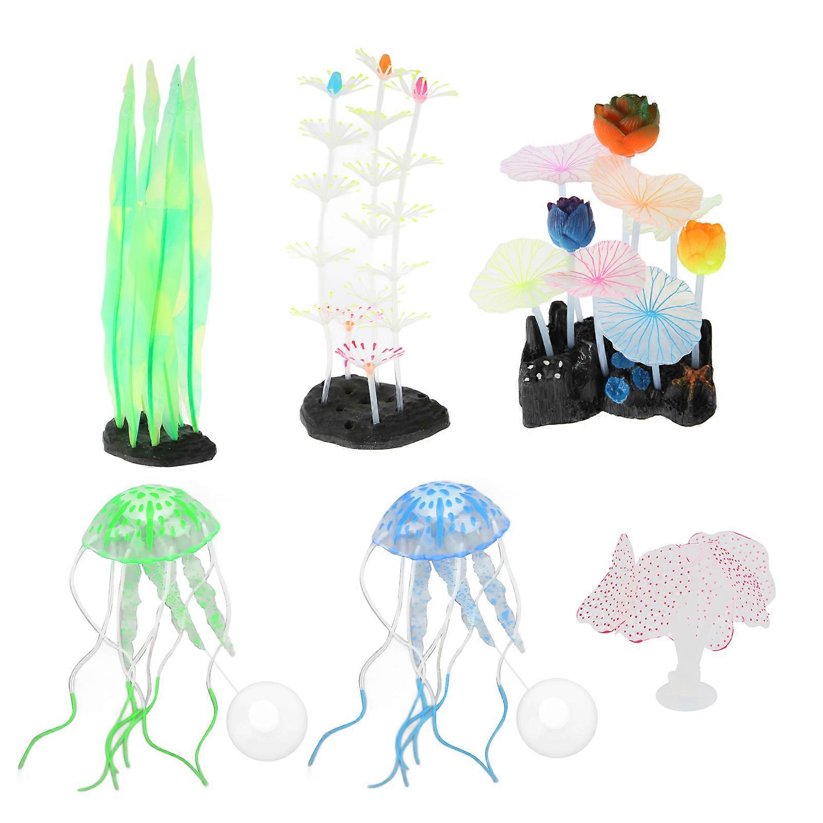 6pcs Glowing Fish Tank Decorations - Silicone Kelp, Silver Lotus, Lotus Leaf, Coral, Jellyfish Ornaments for Aquariums