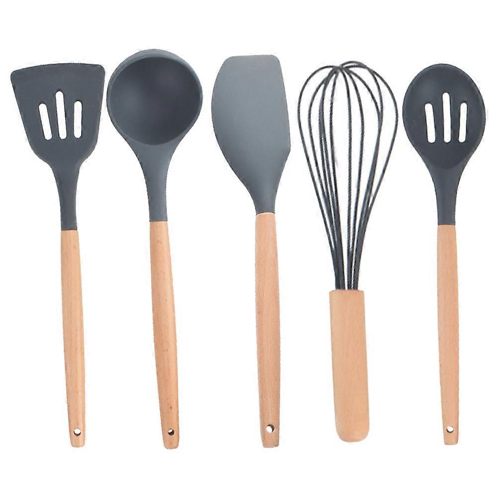 5 Pieces Wooden Handle Silicone Cookware - Colander Spatula+ Spoon+Scraper+Whisk+Strainer Spoon