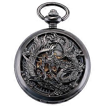 2025 Neue Retro Herren Taschenuhr mit Kette Analog Handaufzug Drache Phönix Skelett Römer