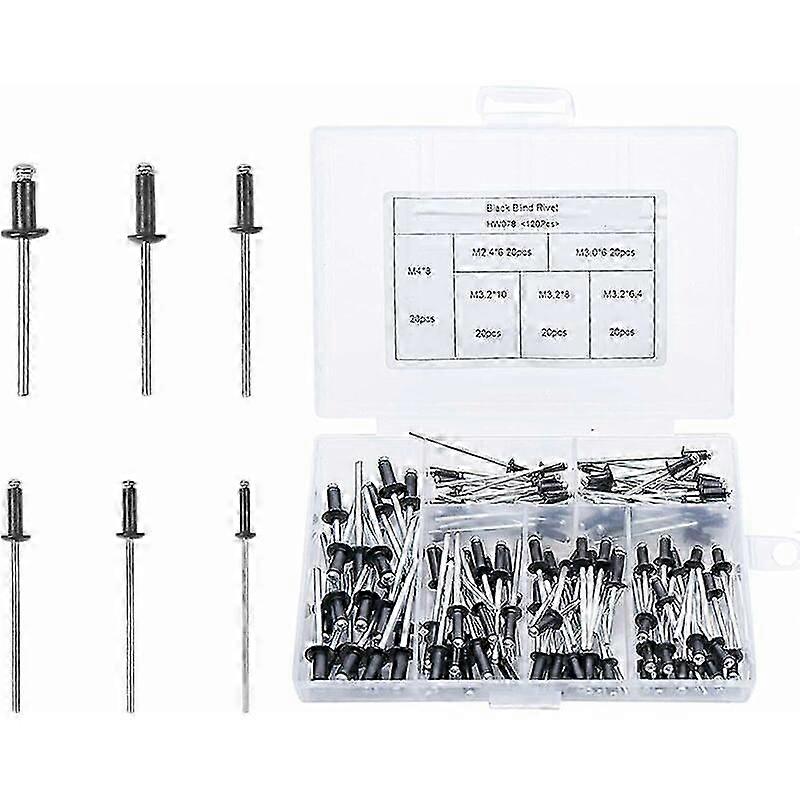 Black Blind Rivet Kit, 120 st Aluminium Blind Rivet Pop Rivet sortiment för konstruktion, maskiner, elektriska apparater, möbler (M2.4 / M3.0 / M3.2)