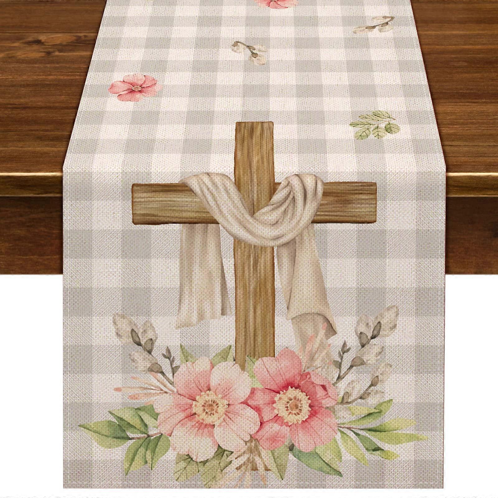 Buffalo Control Tablecloth 72 Inch Easter Christian Cross Spring Flower Holiday Décor for Home Kitchen Dining Room