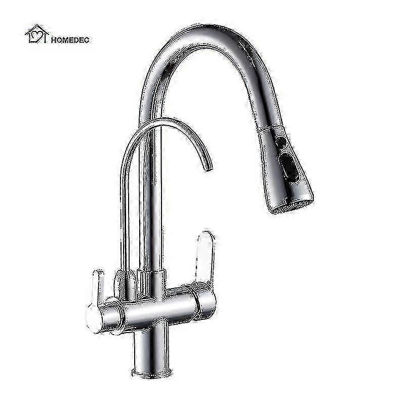 Modern 3-Way Pull Out Kitchen Tap, Matt Black Chrome & Brass Finish with Drinking Water Filter