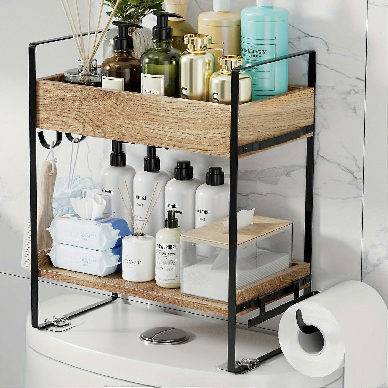 Multipurpose Over Toilet Storage Rack 2 Tiers Bathroom Organizer Shelf with Hooks