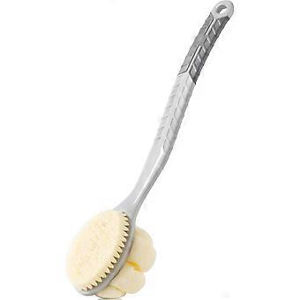 (Grey)Shower Body Brush with Bristles and Large Pumpkin Loofah,Back Scrubber Bath Mesh Sponge with Anti-Slip Curved Long Handle for Skin Exfoliating,M